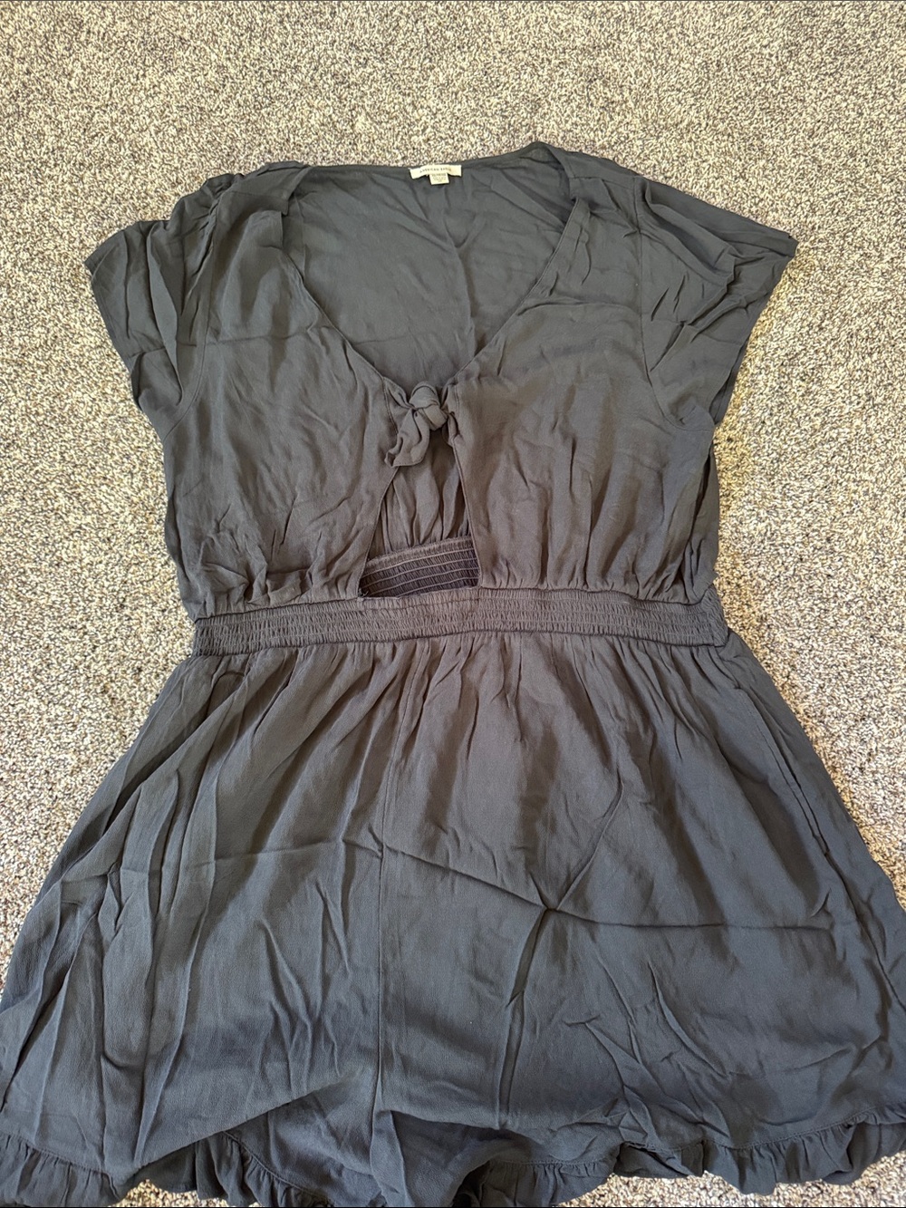 Women's Tie-Front Short Romper in Charcoal Gray